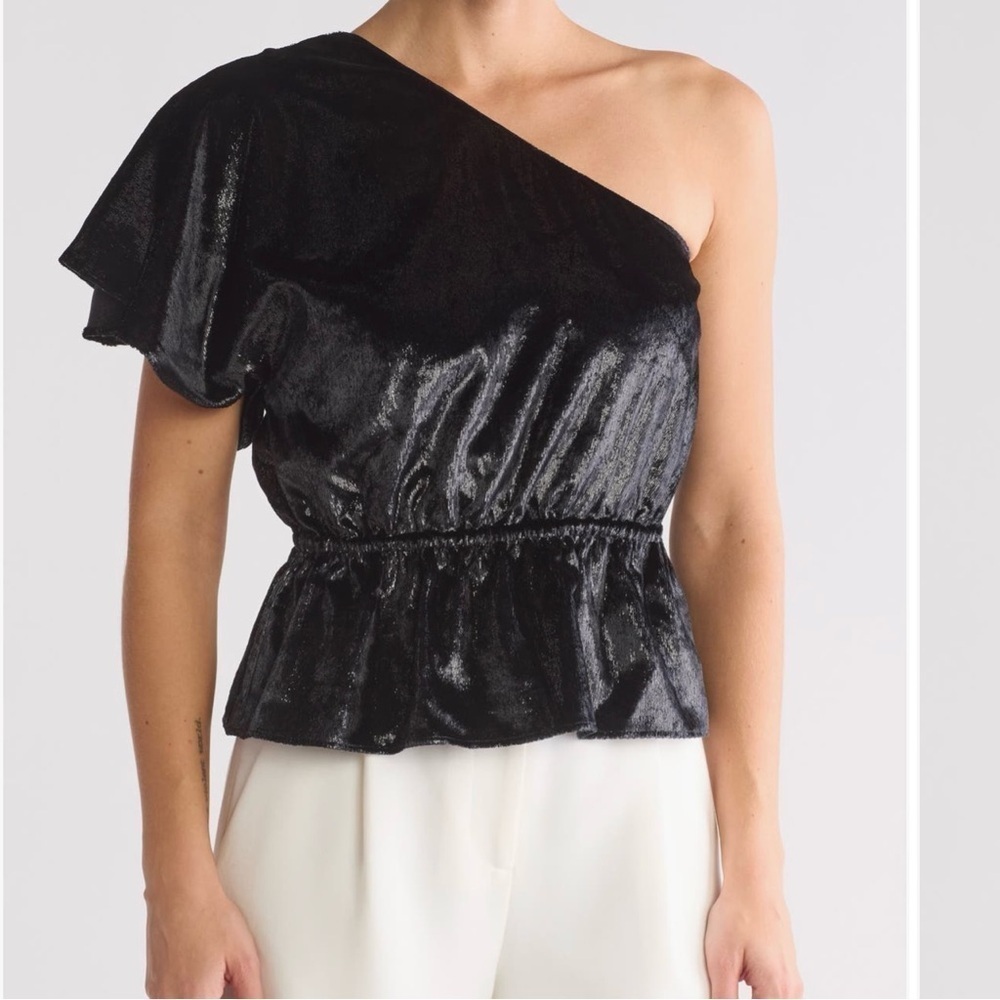 7 for All Mankind NWT One-Shoulder Ruffle Top in Black Shine Size S